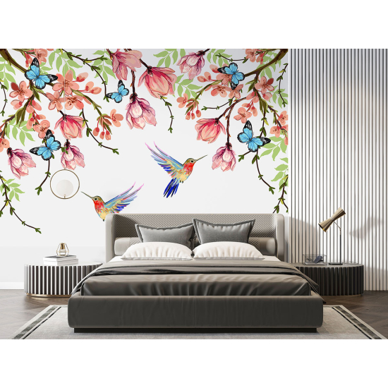 Panoramic Wallpaper - Wall Mural - Flowers birds