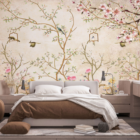 Panoramic Wallpaper - Wall Mural - Flowers Birds