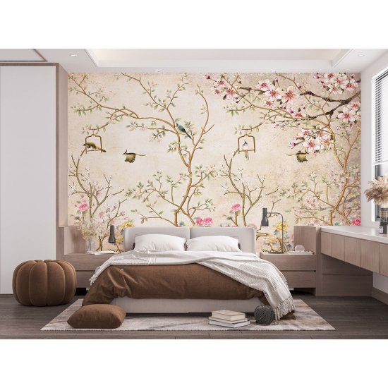 Panoramic Wallpaper - Wall Mural - Flowers Birds