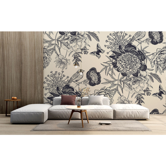 Panoramic Wallpaper - Wall Mural - Flowers Birds