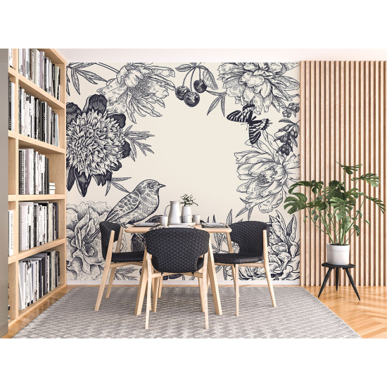 Panoramic Wallpaper - Wall Mural - Flowers Birds