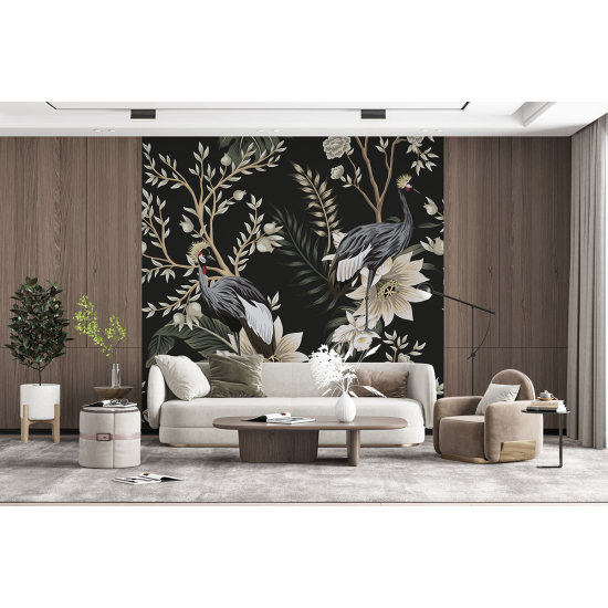 Panoramic Wallpaper - Wall Mural - Flowers Birds