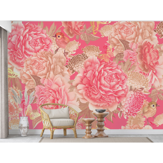 Panoramic Wallpaper - Wall Mural - Flowers Birds