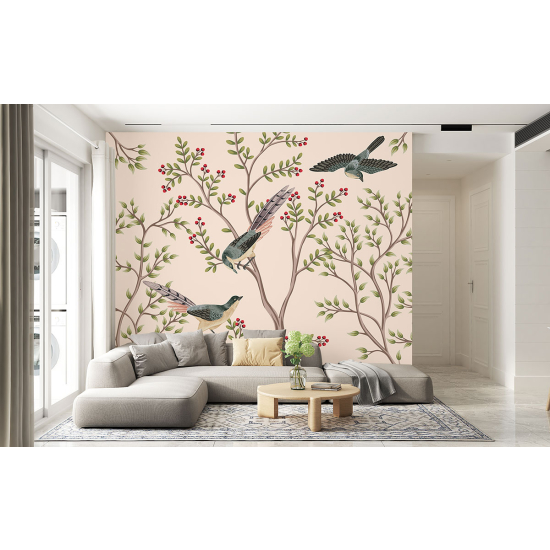 Panoramic Wallpaper - Wall Mural - Flowers Birds