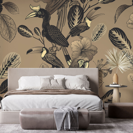 Panoramic Wallpaper - Wall Mural - Flowers Birds