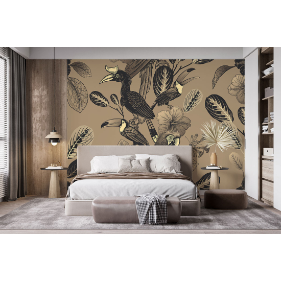 Panoramic Wallpaper - Wall Mural - Flowers Birds