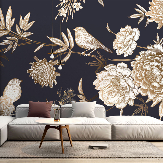 Panoramic Wallpaper - Wall Mural - Flowers Birds