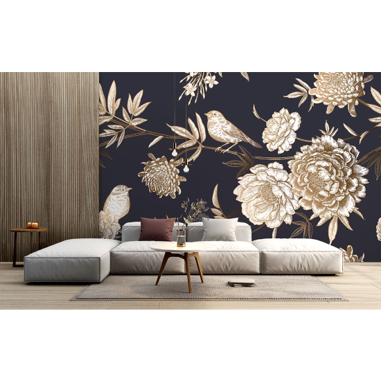 Panoramic Wallpaper - Wall Mural - Flowers Birds