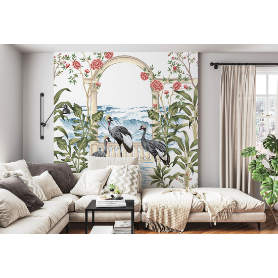 Panoramic Wallpaper - Wall Mural - Flowers Birds