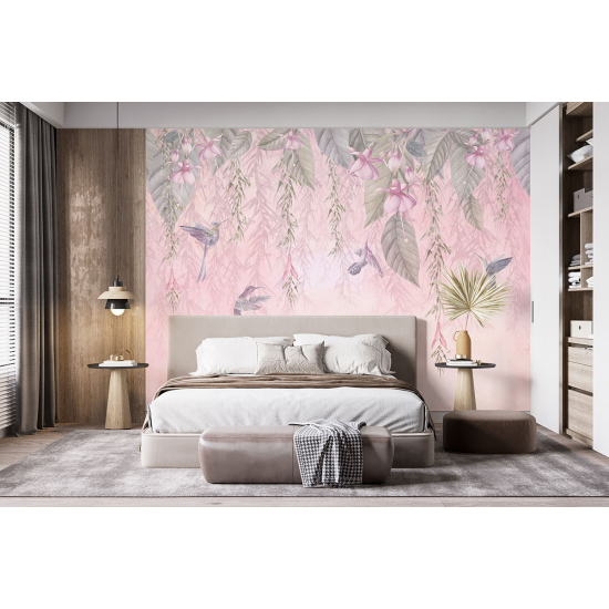 Panoramic Wallpaper - Wall Mural - Flowers Birds