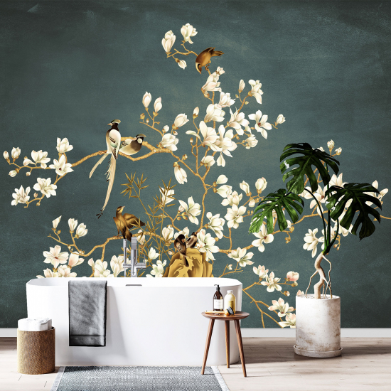 Panoramic Wallpaper - Wall Mural - Flowers Birds