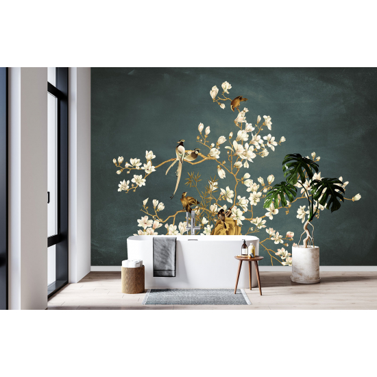 Panoramic Wallpaper - Wall Mural - Flowers Birds