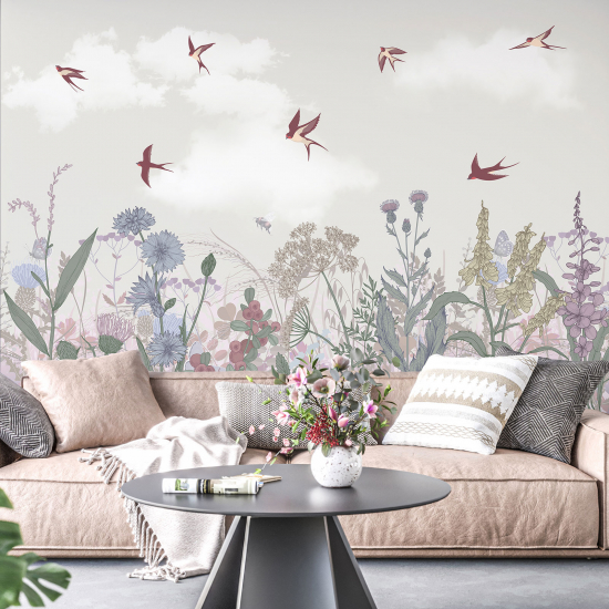 Panoramic Wallpaper - Wall Mural - Flowers Birds