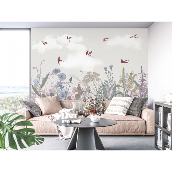 Panoramic Wallpaper - Wall Mural - Flowers Birds