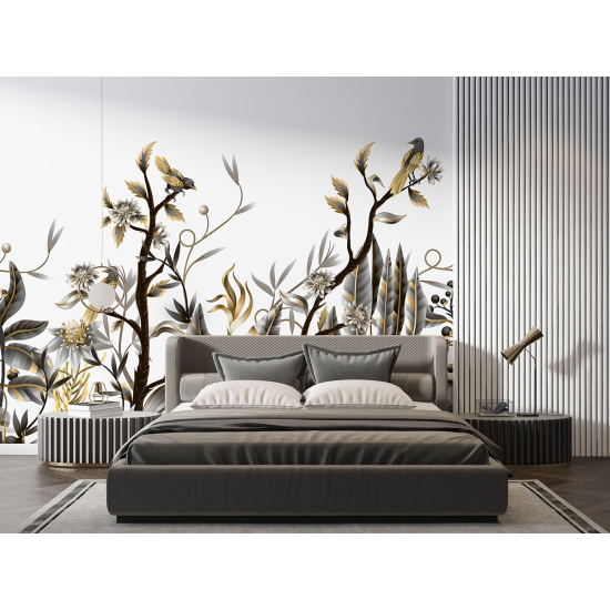 Panoramic Wallpaper - Wall Mural - Flowers Birds