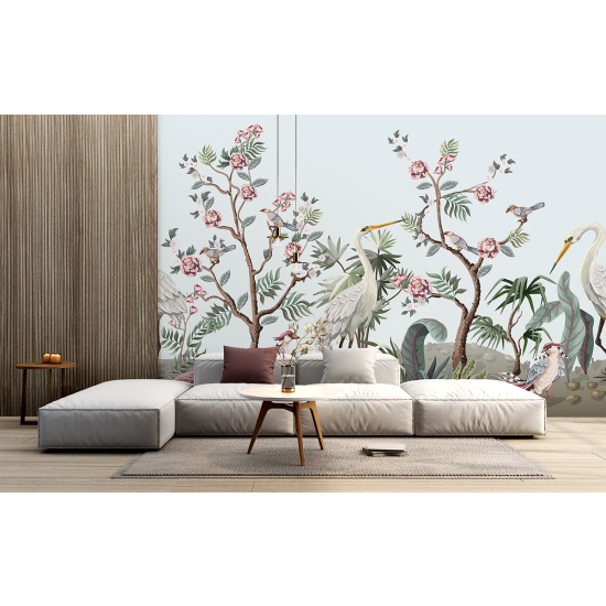 Panoramic Wallpaper - Wall Mural - Flowers Birds