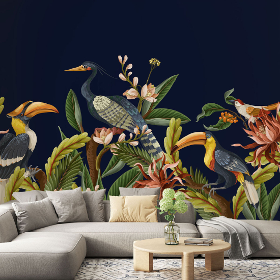 Panoramic Wallpaper - Wall Mural - Flowers Birds