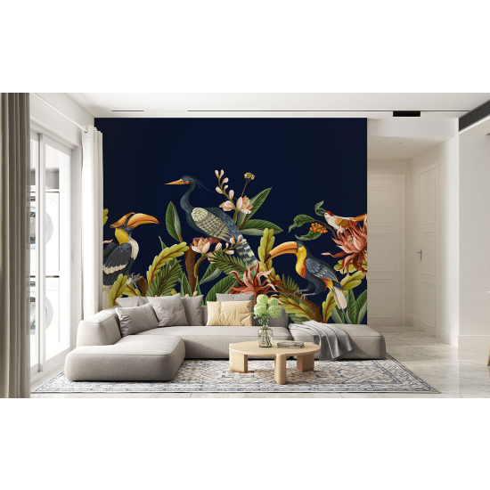 Panoramic Wallpaper - Wall Mural - Flowers Birds