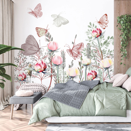 Panoramic Wallpaper - Wall Mural - Flowers Butterflies