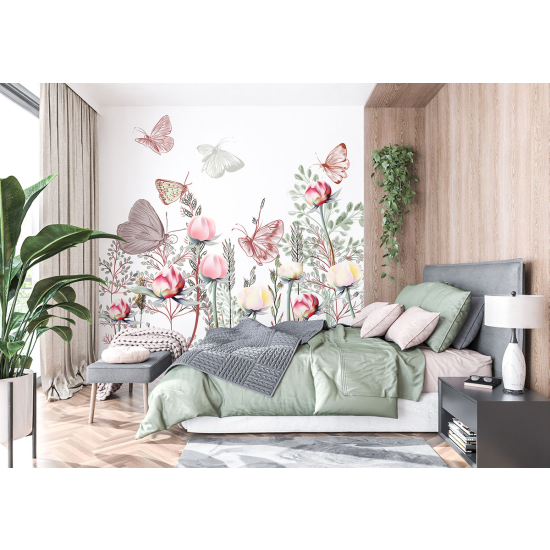 Panoramic Wallpaper - Wall Mural - Flowers Butterflies