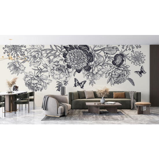 Panoramic Wallpaper - Wall Mural - Flowers Butterflies