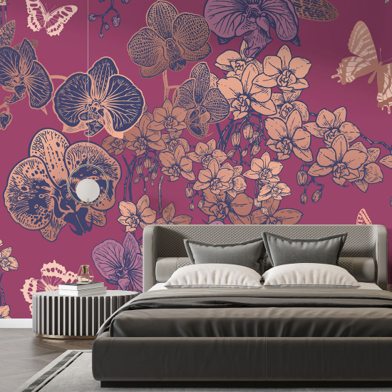 Panoramic Wallpaper - Wall Mural - Flowers Butterflies