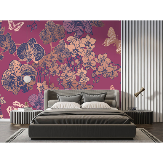 Panoramic Wallpaper - Wall Mural - Flowers Butterflies