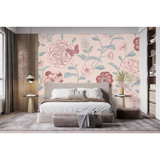 Panoramic Wallpaper - Wall Mural - Flowers Butterflies