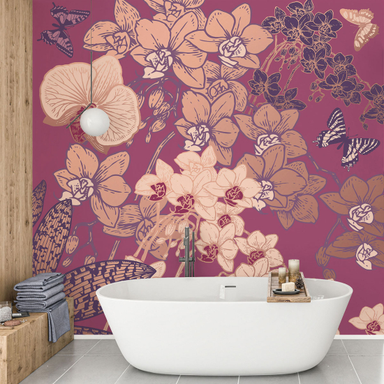 Panoramic Wallpaper - Wall Mural - Flowers Butterflies