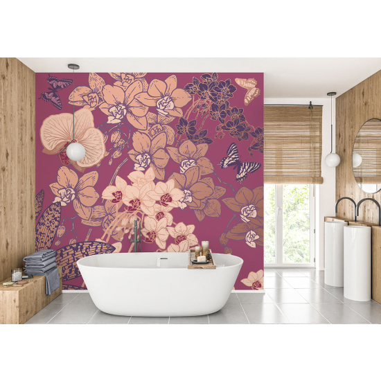 Panoramic Wallpaper - Wall Mural - Flowers Butterflies