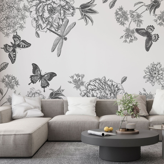 Panoramic Wallpaper - Wall Mural - Flowers Butterflies