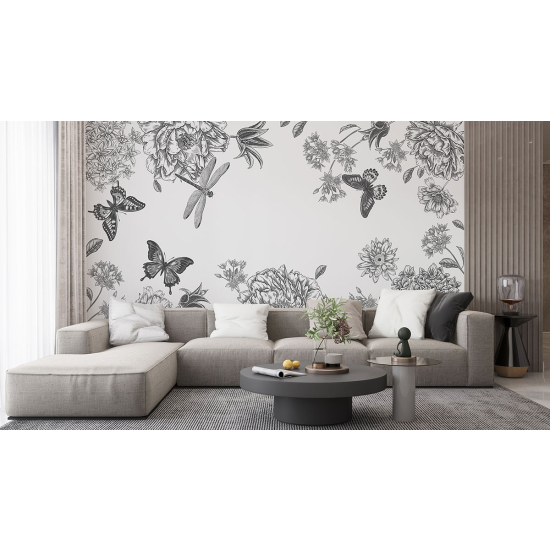 Panoramic Wallpaper - Wall Mural - Flowers Butterflies