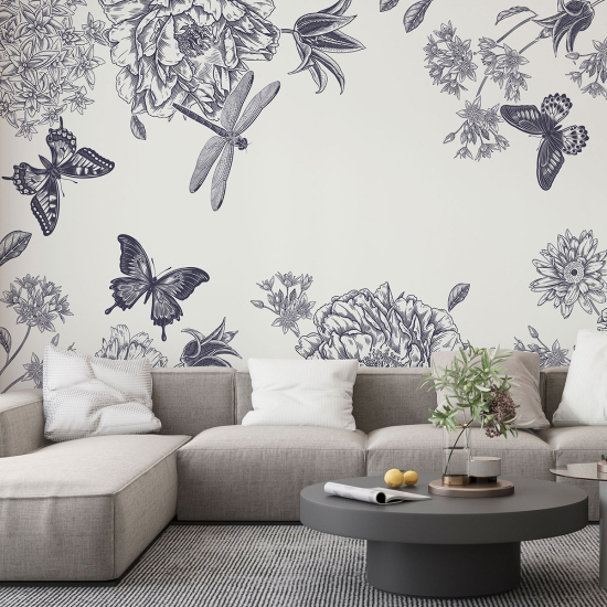 Panoramic Wallpaper - Wall Mural - Flowers Butterflies