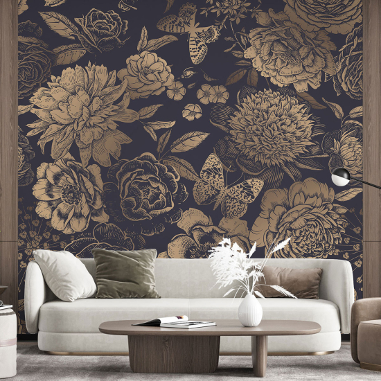 Panoramic Wallpaper - Wall Mural - Flowers Butterflies