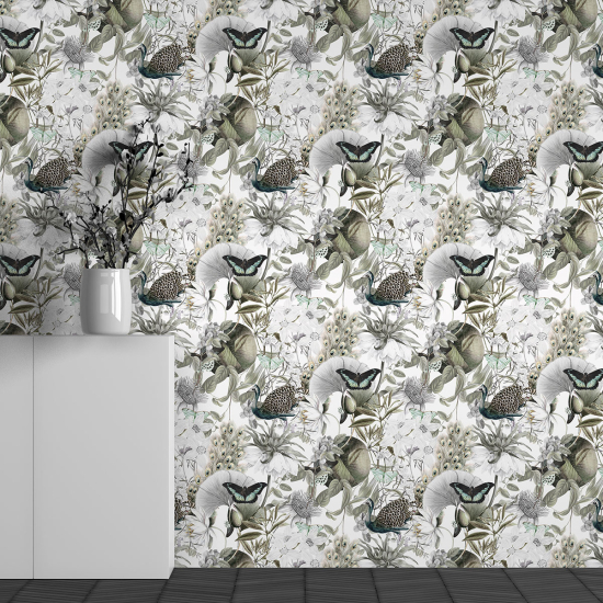 Panoramic Wallpaper - Wall Mural - Flowers Butterflies Pattern