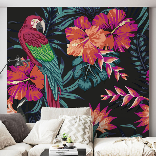 Panoramic Wallpaper - Wall Mural - Parrot Flowers