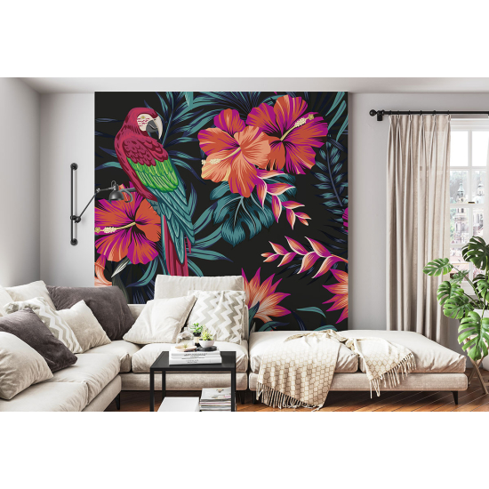 Panoramic Wallpaper - Wall Mural - Parrot Flowers