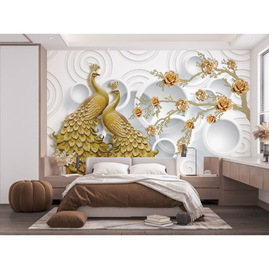 Panoramic Wallpaper - Wall Mural - Peacocks 3D Effect