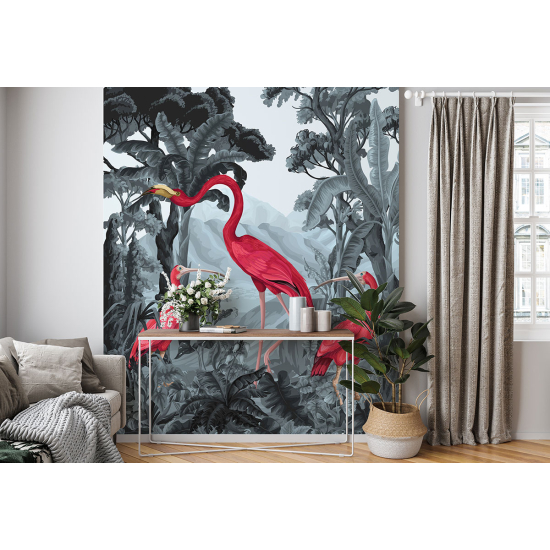 Panoramic Wallpaper - Wall Mural - Pink Flamingo Birds