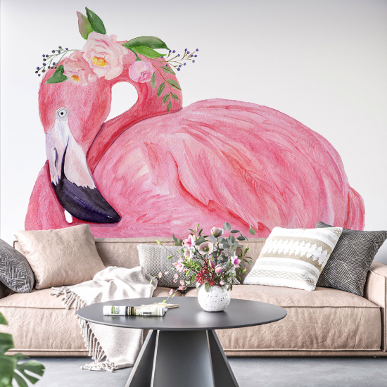 Panoramic Wallpaper - Wall Mural - Pink Flamingo Flowers