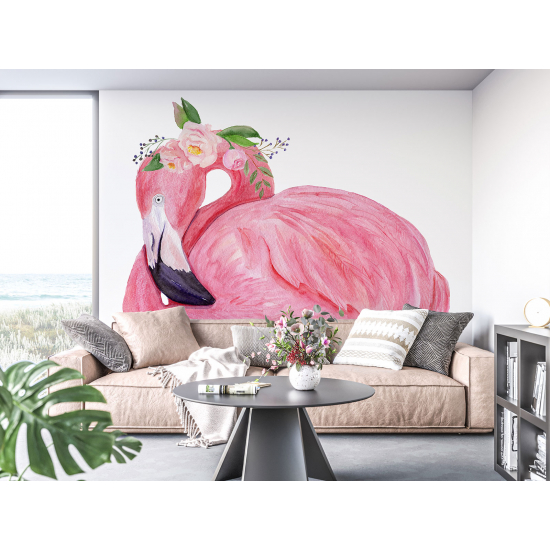 Panoramic Wallpaper - Wall Mural - Pink Flamingo Flowers