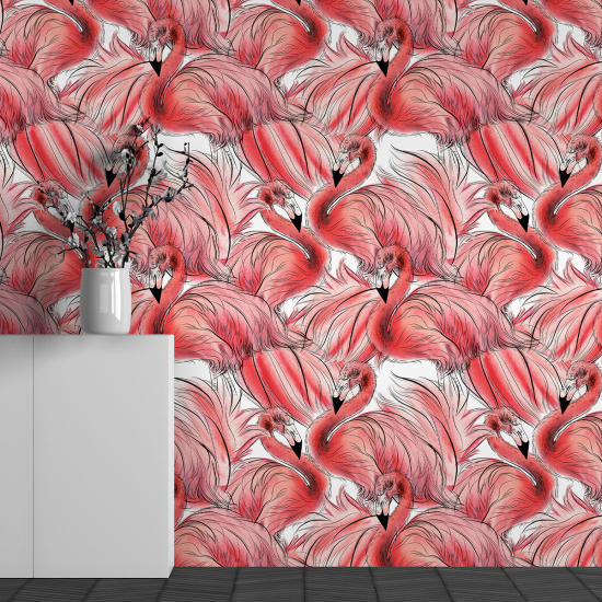 Panoramic Wallpaper - Wall Mural - Pink Flamingo Pattern