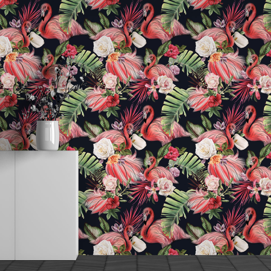 Panoramic Wallpaper - Wall Mural - Pink Flamingo Pattern