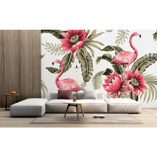 Panoramic Wallpaper - Wall Mural - Pink flamingos