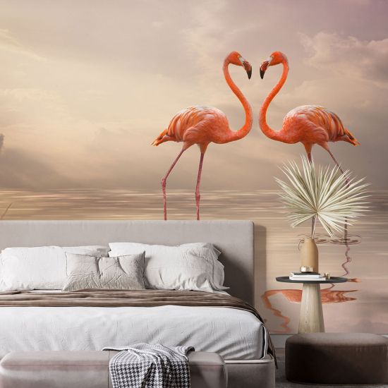 Panoramic Wallpaper - Wall Mural - Pink flamingos