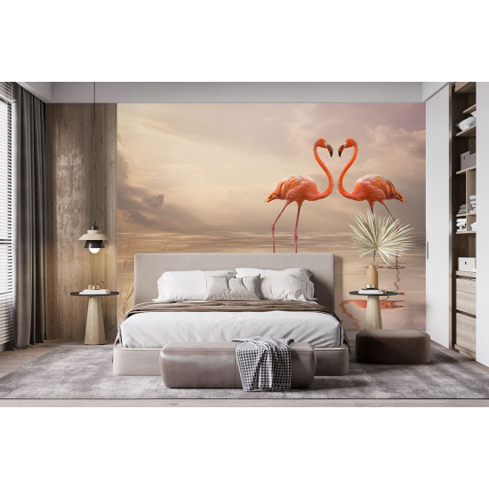 Panoramic Wallpaper - Wall Mural - Pink flamingos