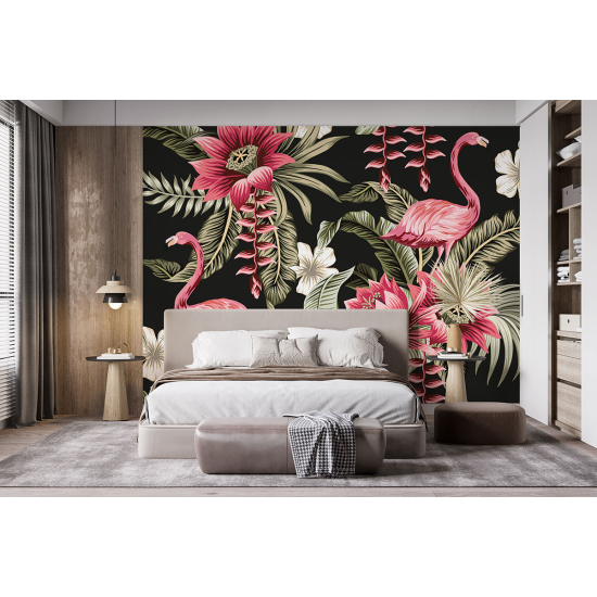 Panoramic Wallpaper - Wall Mural - Pink flamingos