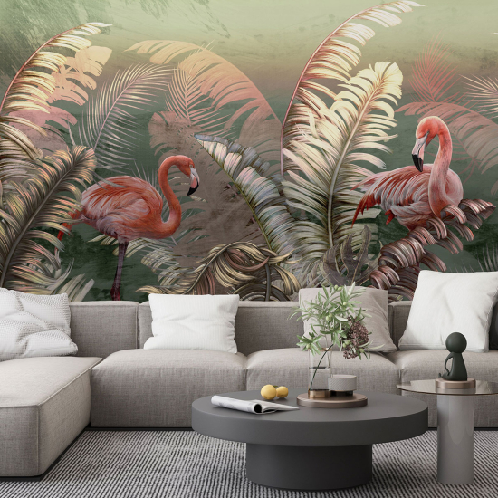 Panoramic Wallpaper - Wall Mural - Pink flamingos