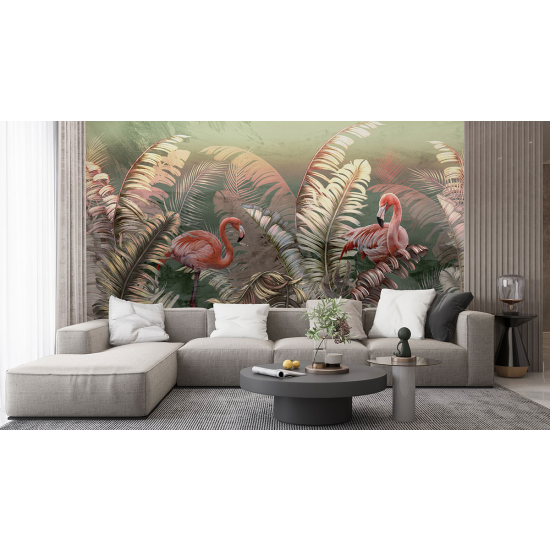 Panoramic Wallpaper - Wall Mural - Pink flamingos