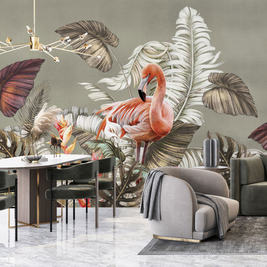 Panoramic Wallpaper - Wall Mural - Pink flamingos